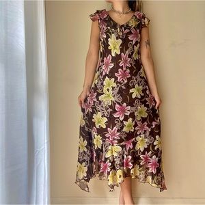 Vintage 90s 100% silk beaded fairy asymmetrical flowy brown and pink maxi dress